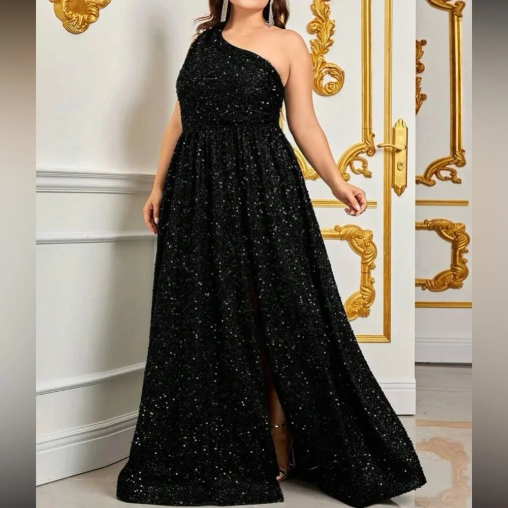 Luxe plus size one shoulder slit thigh party formal prom wedding gown dress - Picture 6 of 8